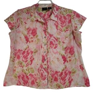 Laura Scott Pink Floral Button-Down pintucks 1X Blouse Office Cottagecore